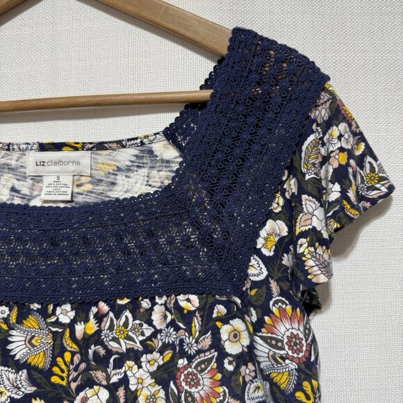 Liz Claiborne Blue Flower Lace Square Neck Blouse Cap Short Sleeve Women's Sm - Picture 3 of 7